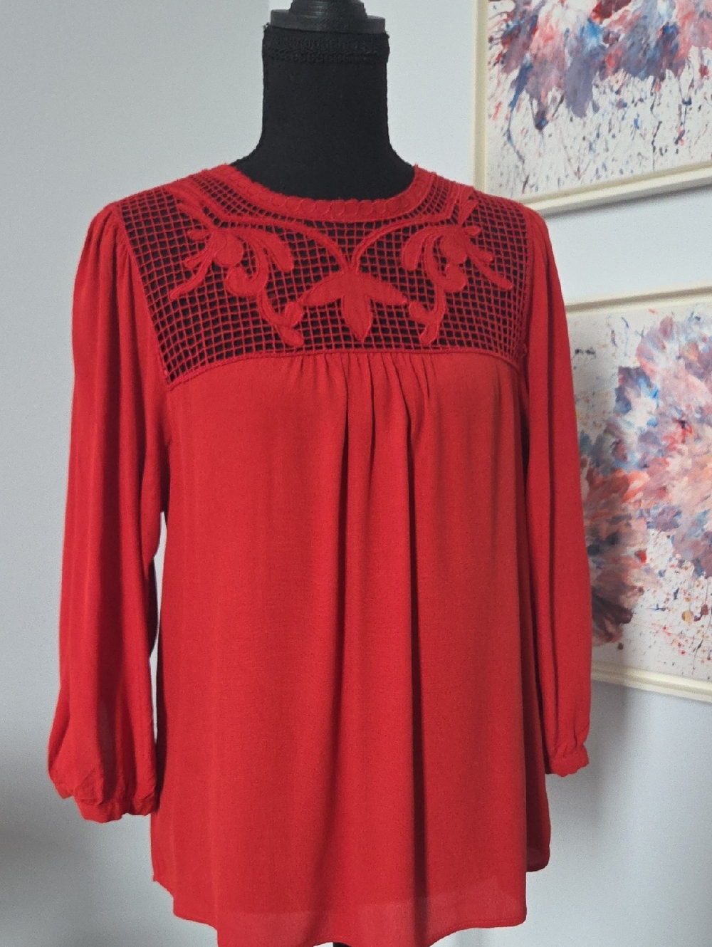Daniel Rainn Red Long-Sleeve Crochet Yoke Blouse